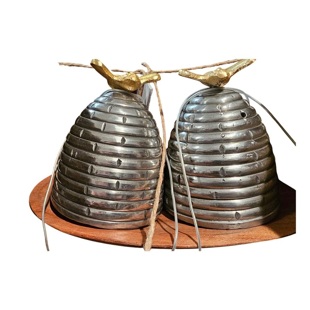 Bee and Beehive Salt and Pepper Shakers with Brown Wooden Tray